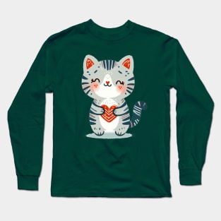 Cute cat with red heart Long Sleeve T-Shirt